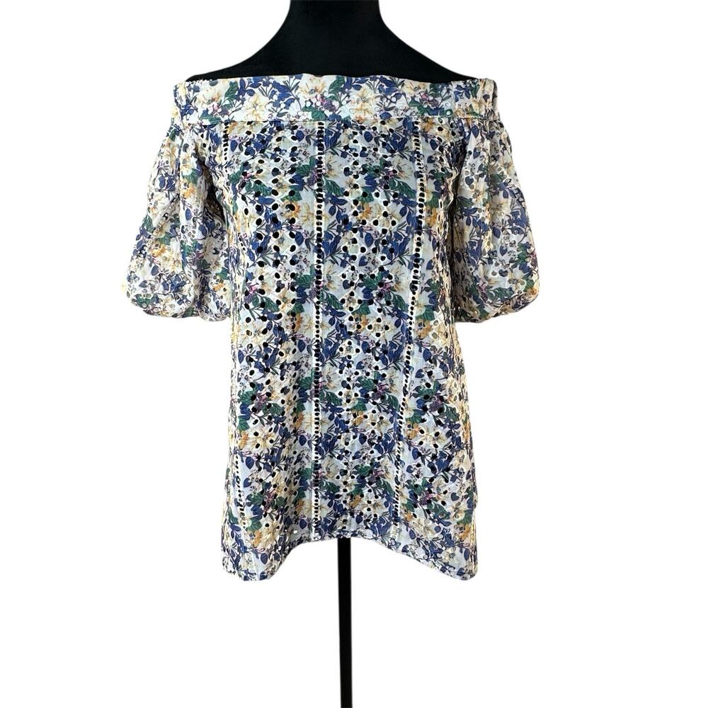 New Garcia Women's Blouse Off Shoulder Short Sleeve Floral, Eyelet Detail Size M